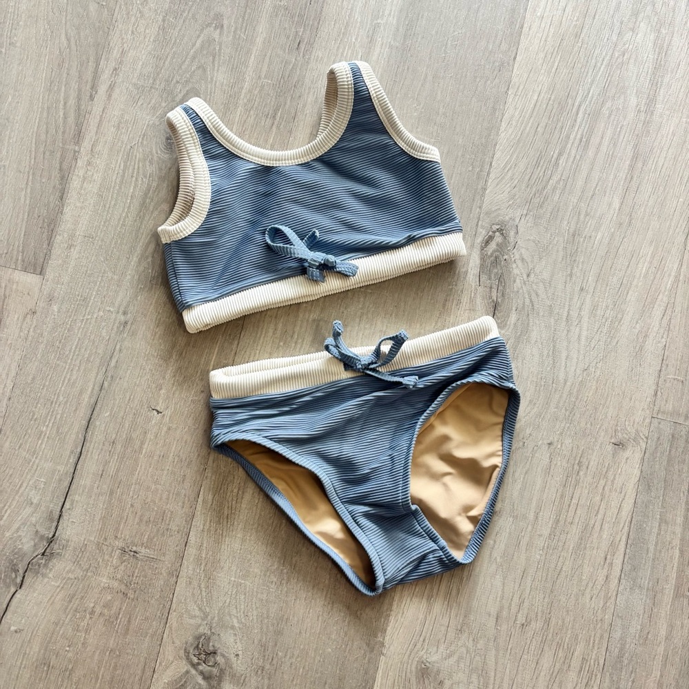 Girls Zulu & Zephyr Dusty Blue Bikini with white Trim
